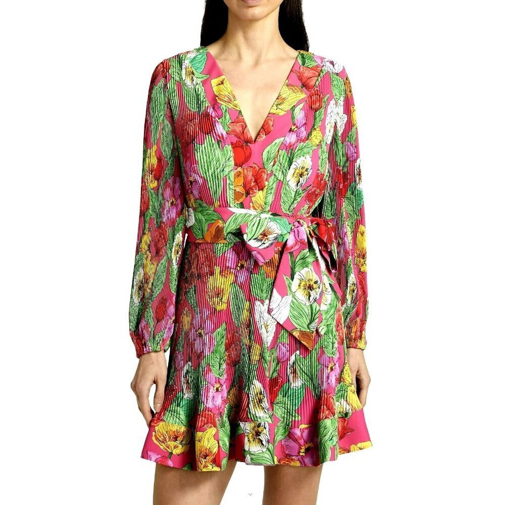 Milly $450 Liv Tulip Floral Rosette Pleated Mini Dress Long Sleeve Sz 4 NWT